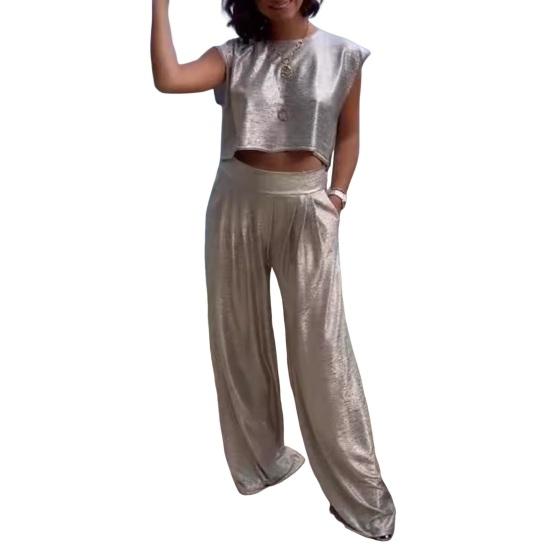 Женский глянцевый костюм из двух частей, укороченный топ без рукавов с круглым вырезом и широкими брюками, повседневный свободный комплект для отдыха