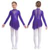 Kid Girls Figure Ice Skating Dress Long Sleeve Irregular Hem Leotard Dress Stage Performance Costume