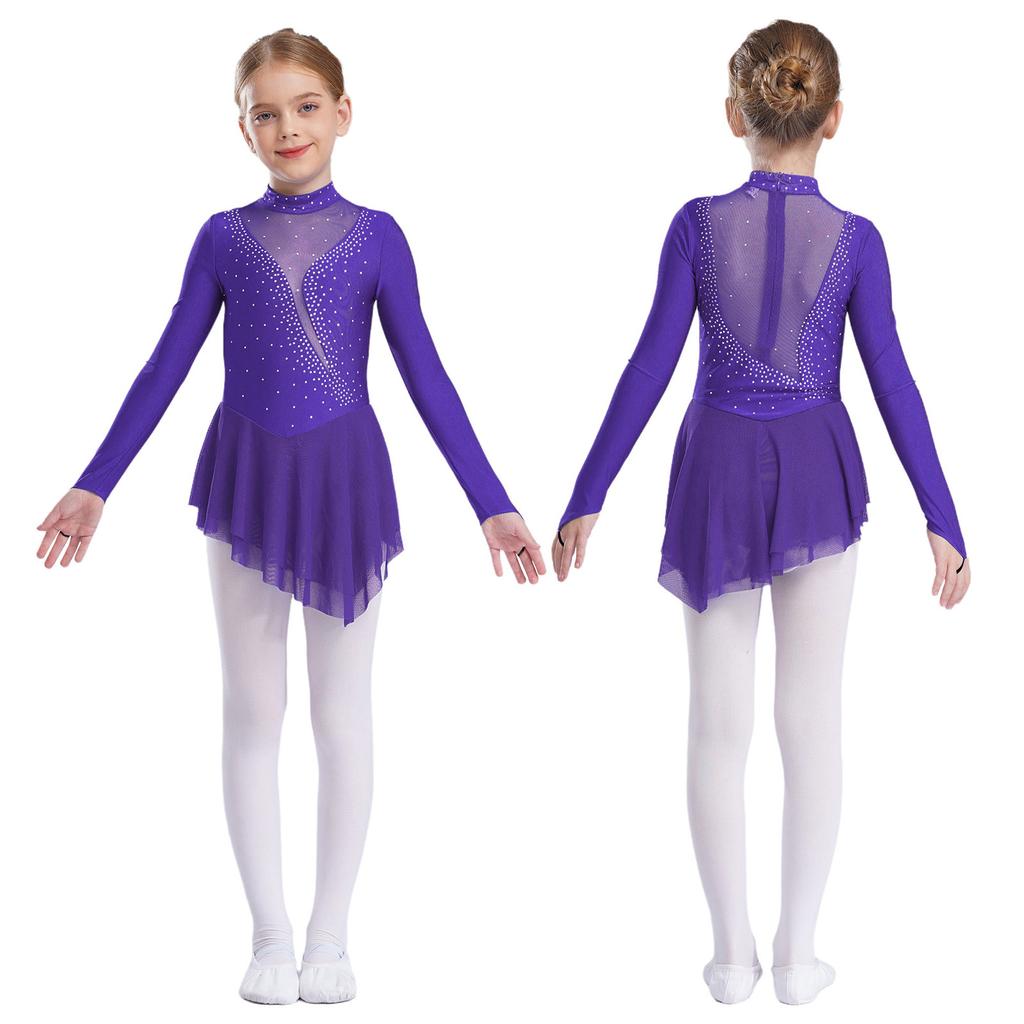 Kid Girls Figure Ice Skating Dress Long Sleeve Irregular Hem Leotard Dress Stage Performance Costume