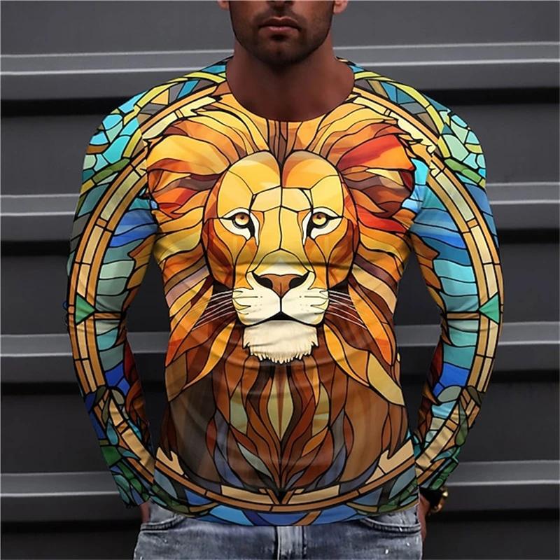 Мужская футболка с длинным рукавом Тигр Лев Животное 3D-принт Уличные топы Градиентный узор Повседневный Длинный рукав Круглый вырез Оверсайз Топы