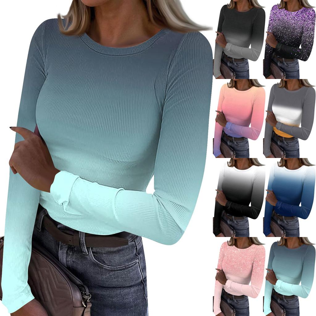 Women's Autumn And Winter Slim Bottom T-shirt Fashion Casual Gradient Printing Round Neck Pullover Long Sleeve Top