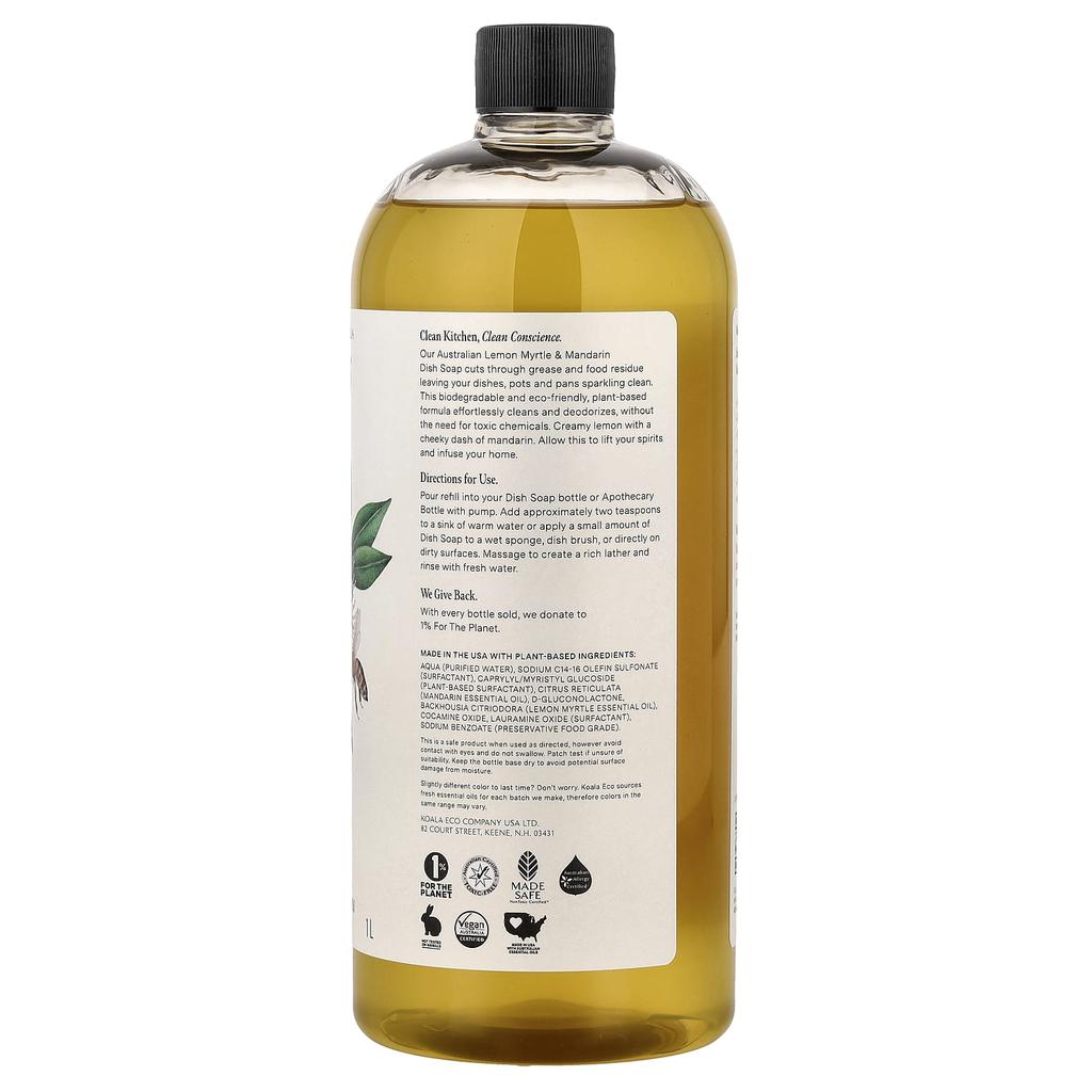 Koala Eco, Натуральное средство для мытья посуды, Запасной блок, Эфирные масла австралийского лимонного мирта и мандарина, 1 л (33,8 жидких унций)