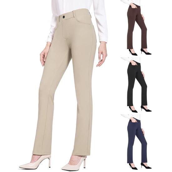 Women Office Pants Elastic High Waist Solid Color Trousers with Pockets Light Flared