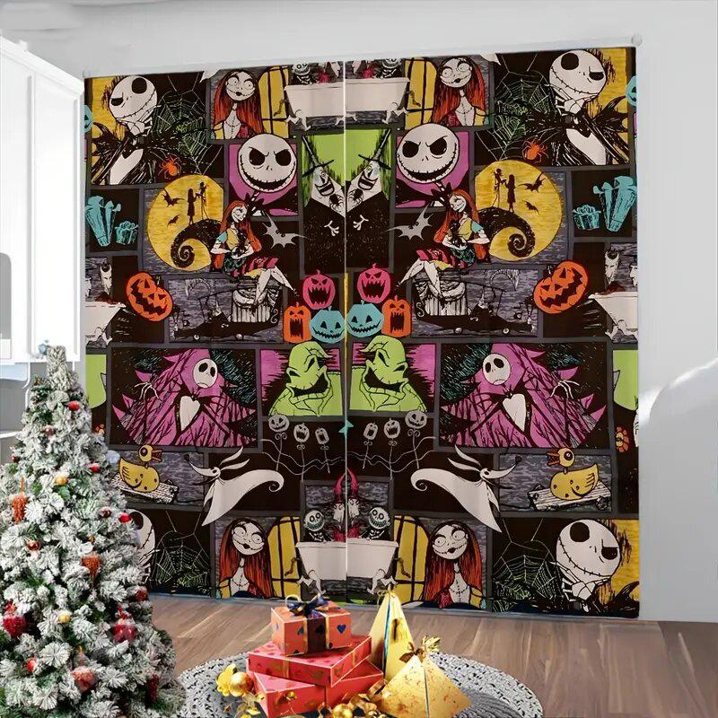 2pcs - Christmas Nightmare pattern printed curtains before Christmas, pole bag curtains, home decoration, room decoration