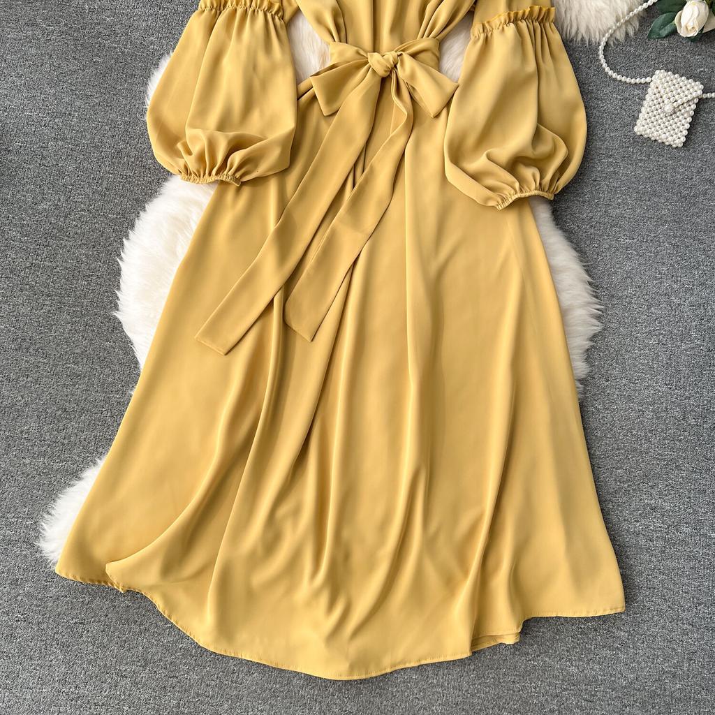 Женские винтажные милые платья средней длины с высокой талией А-силуэта с круглым вырезом и рукавами-фонариками на шнуровке Vestidos весна-лето Женское платье