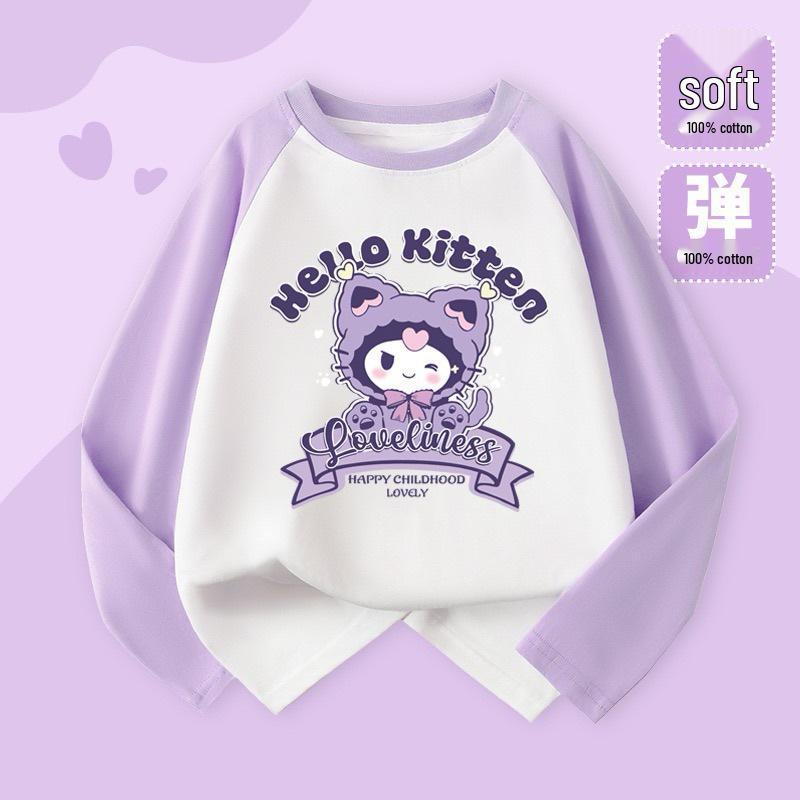 2025 Милая мультяшная футболка с длинным рукавом реглан в цветной блок для девочек