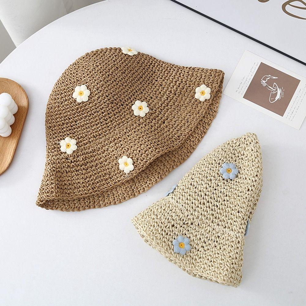 Cap Handmade Weave Sunscreen Beach Hat Flower Flat Hat Sun Protection Straw Hat Sun Hat Sun Cap