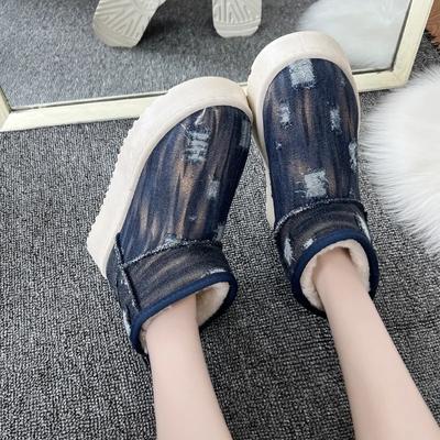 Модная обувь для женщин Платформа Синие До щиколотки Круглый носок Женские зимние ботинки Массивные ботинки из овчины Удобные ботильоны со стильным слипоном