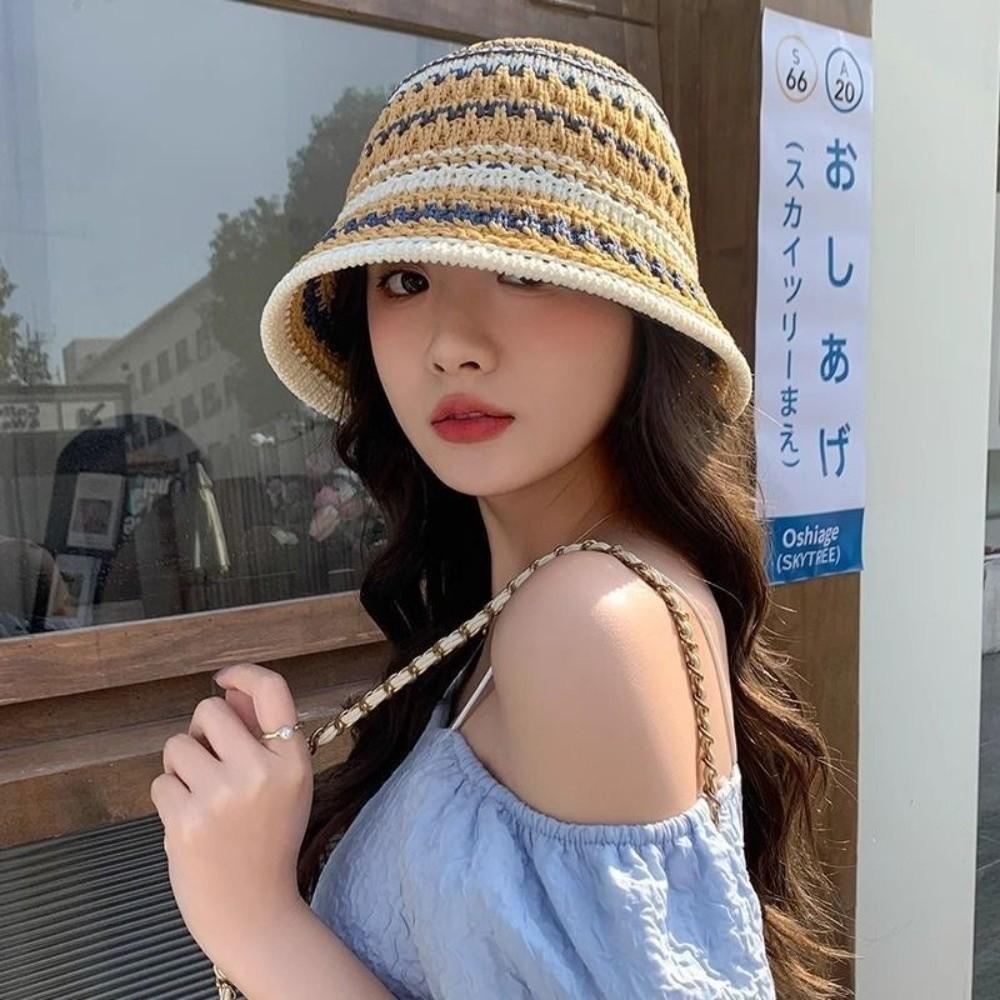 Stripe Knitted Bucket Hat Temperament Sun Protection Cap Fashion Fisherman Hat Women