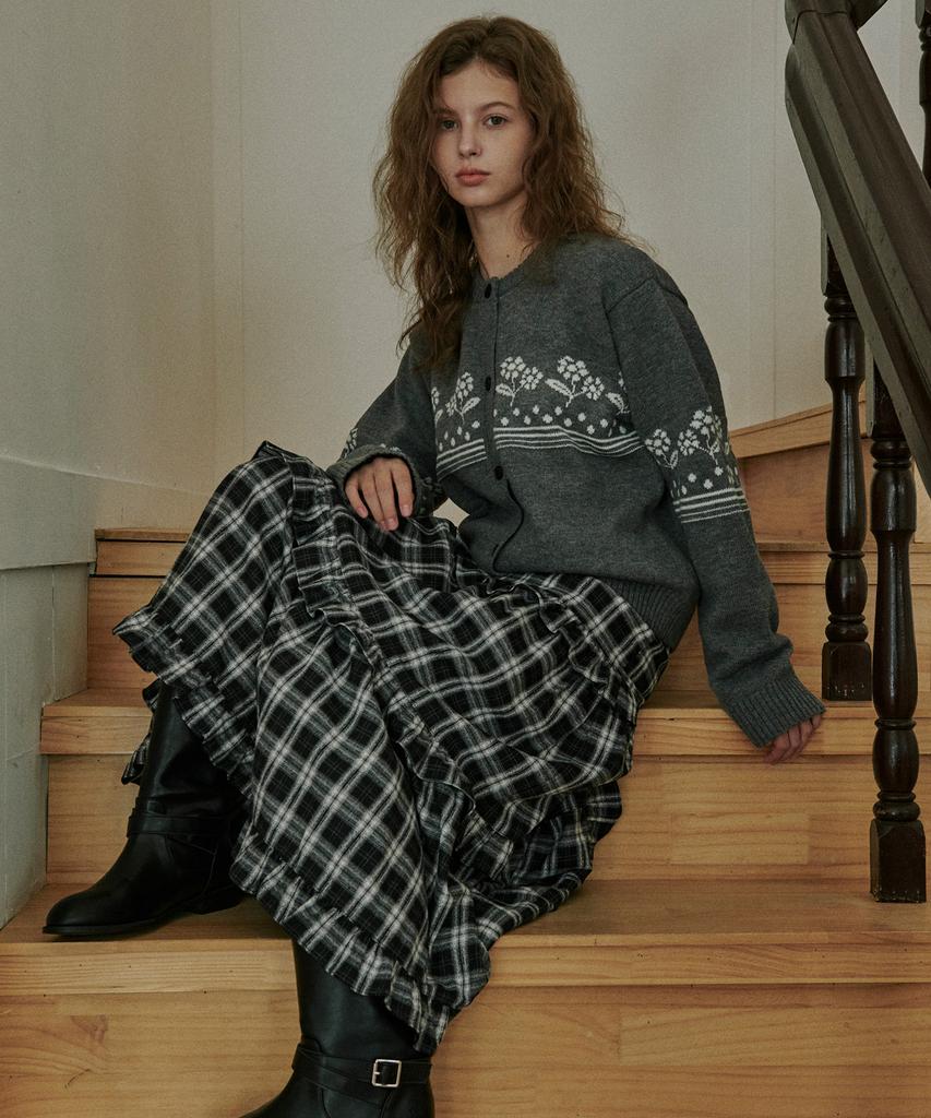 Belloel Winter Shirring Long Skirt Check Black