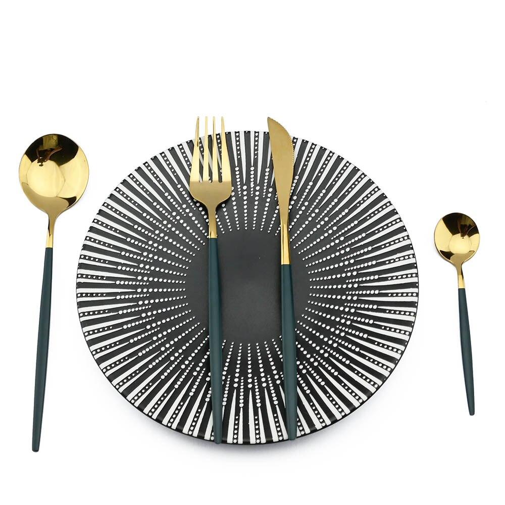 24Pcs Stainless Steel Dinnerware Set Kitchen Green Gold Cutlery Set Knife Fork Spoon Flatware Tableware Minimalist Silverware
