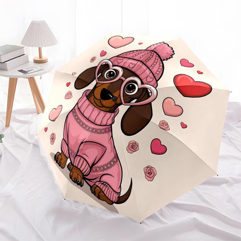 1pc Dachshund Hearts Automatic Folding Umbrella - Compact 8-Rib Design, Durable Plastic & Iron, Lightweight for Outdoor Daily Use096