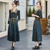 Autumn 2023 Retro Denim A-line Dress: Women's Long Sleeve, Waist-Slimming, Medium Length, Lapel Style