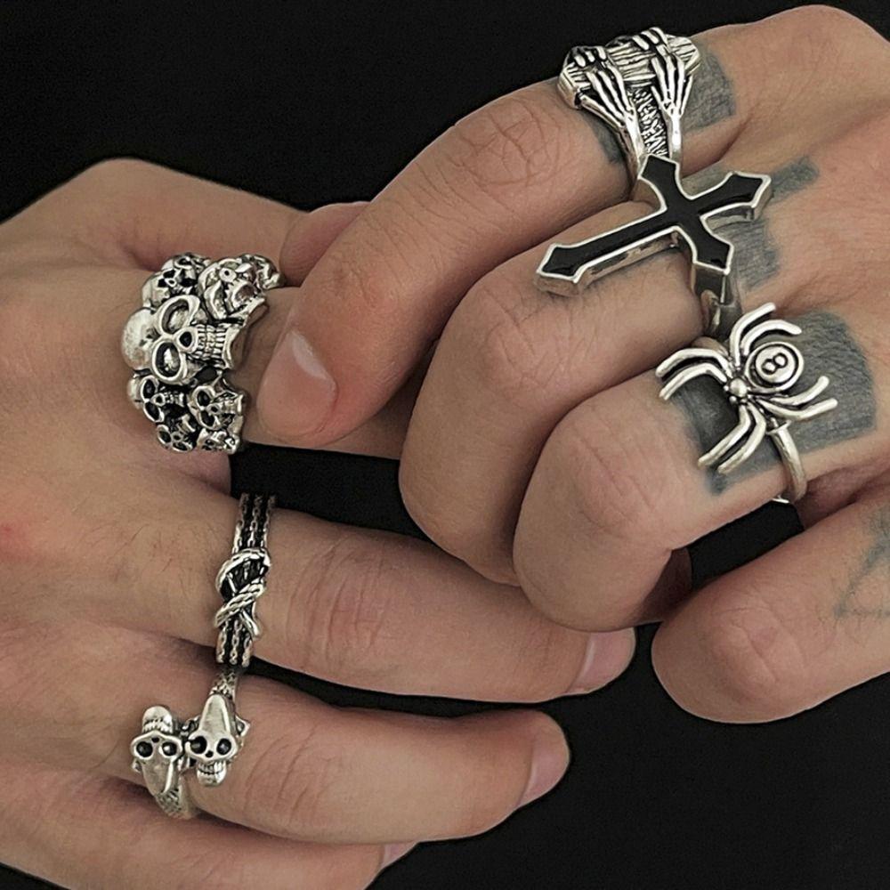 6 шт./Набор Мужские Кольца в Корейском Стиле Панк Кольца-Черепа Хэллоуинский Набор Колец Ювелирные Аксессуары