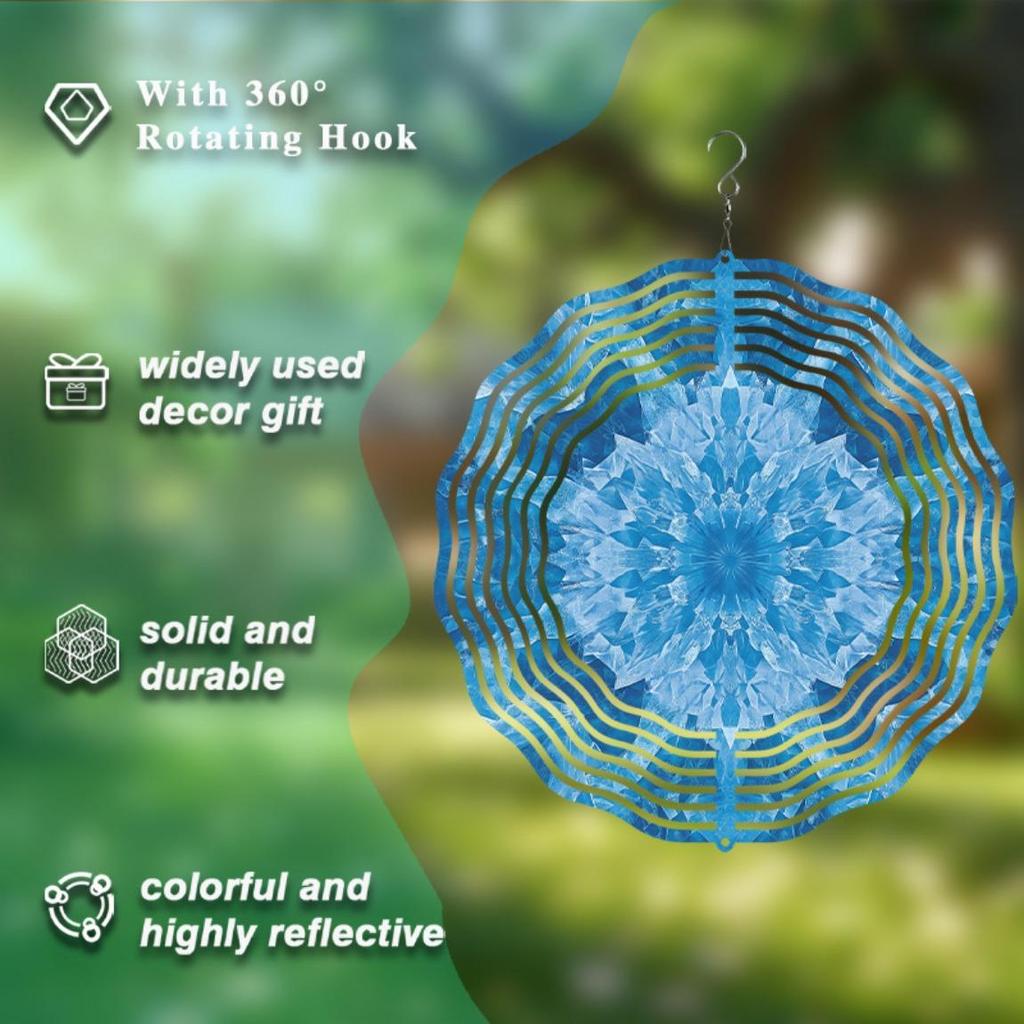 Blue White Metal Wind Spinner with Hanging Chain 2D Garden Art Sculpture for Outdoor Yard Patio Decor All Season Windmill Spinner