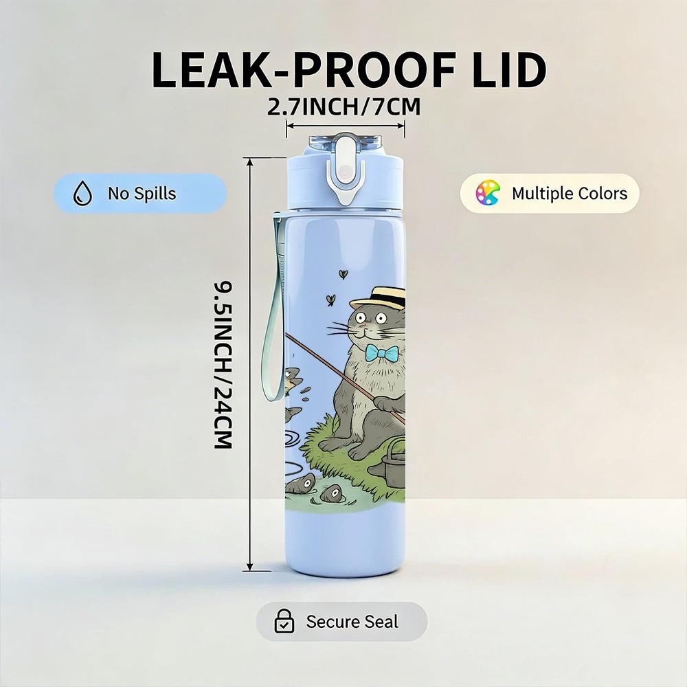 1PC Fishing Bear Cartoon 750ml Color Plastic Sports Water Bottle Leakproof Flip Straw Lid Suitable for Sports Office Home Use