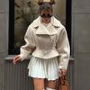 Winter Thick Warm Fleece Cropped Jackets Women Fashion Irregular Turn Down Collar Long Sleeve Ruffle Skirts Coat Outwear