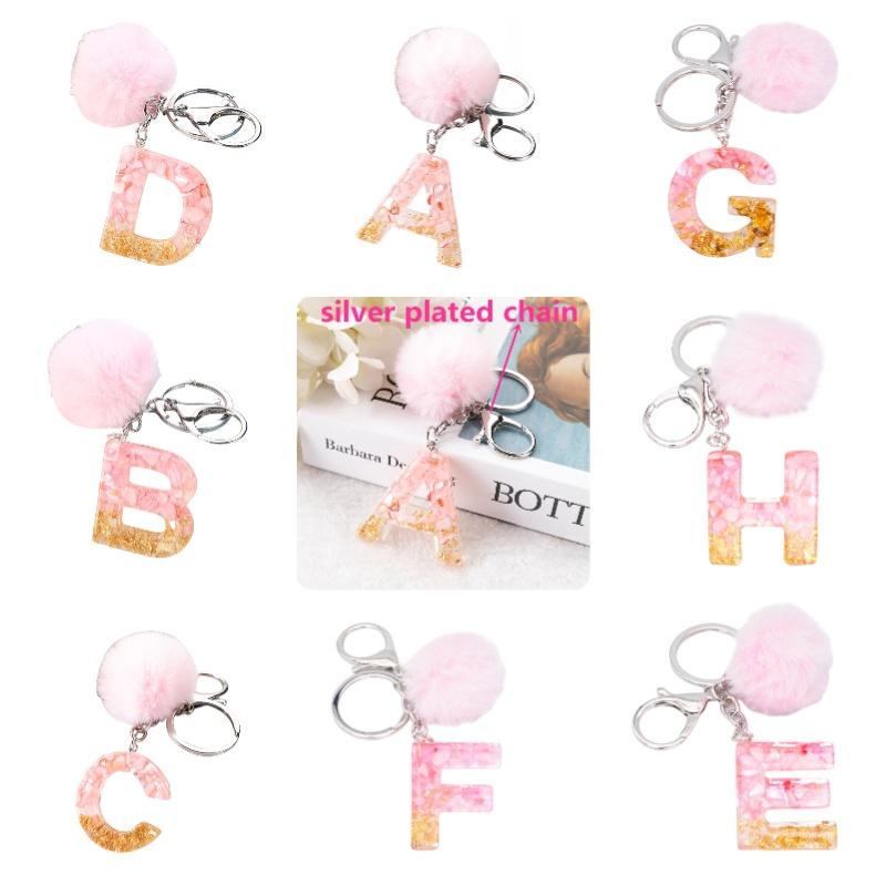 Stylish Keychain With Fluffy Ball And Gold Foil Letters Car Bag Pendant