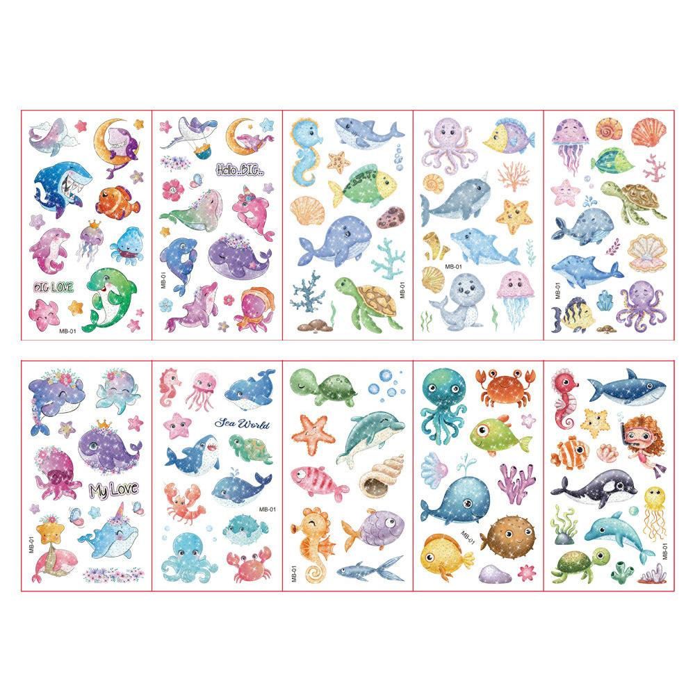 10 листов/набор красочные тату-наклейки с блестящей пудрой, мультяшные животные, единорог, принцесса, транспорт, временные поддельные татуировки для детей