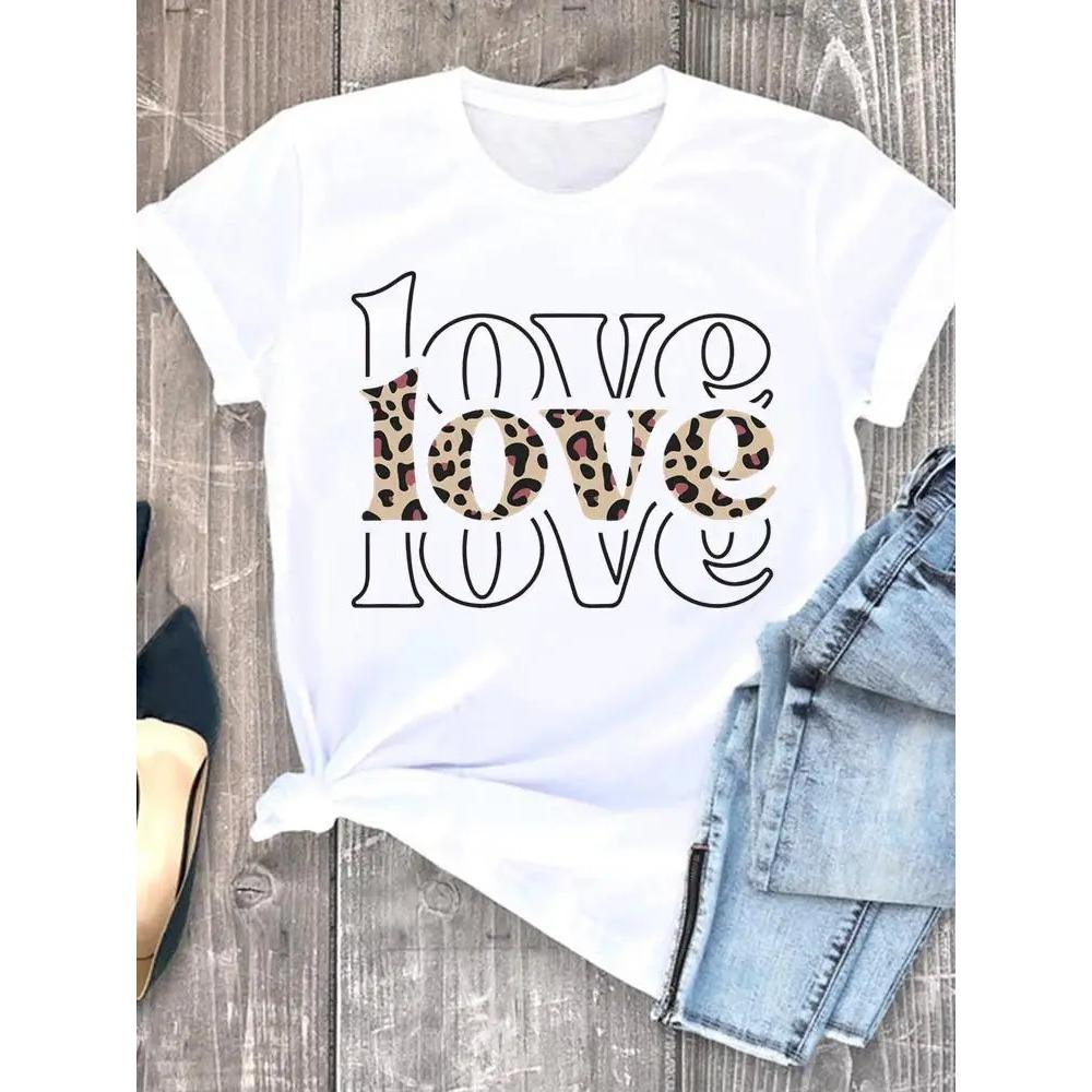Леопардовый узор с сердечком для женщин, летняя милая модная футболка для девочек, повседневная футболка с коротким рукавом, милая женская футболка, одежда