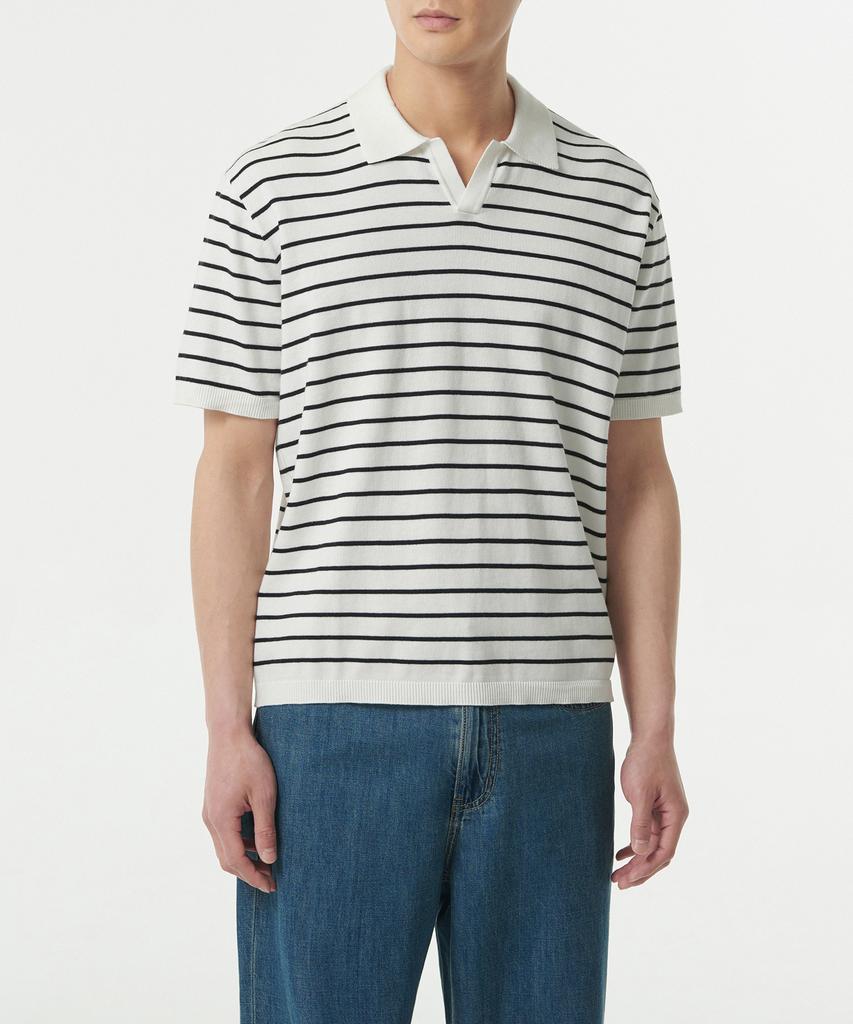 MUSINSA STANDARD Striped Slit Neck Knitted Polo Shirt [White/Black]