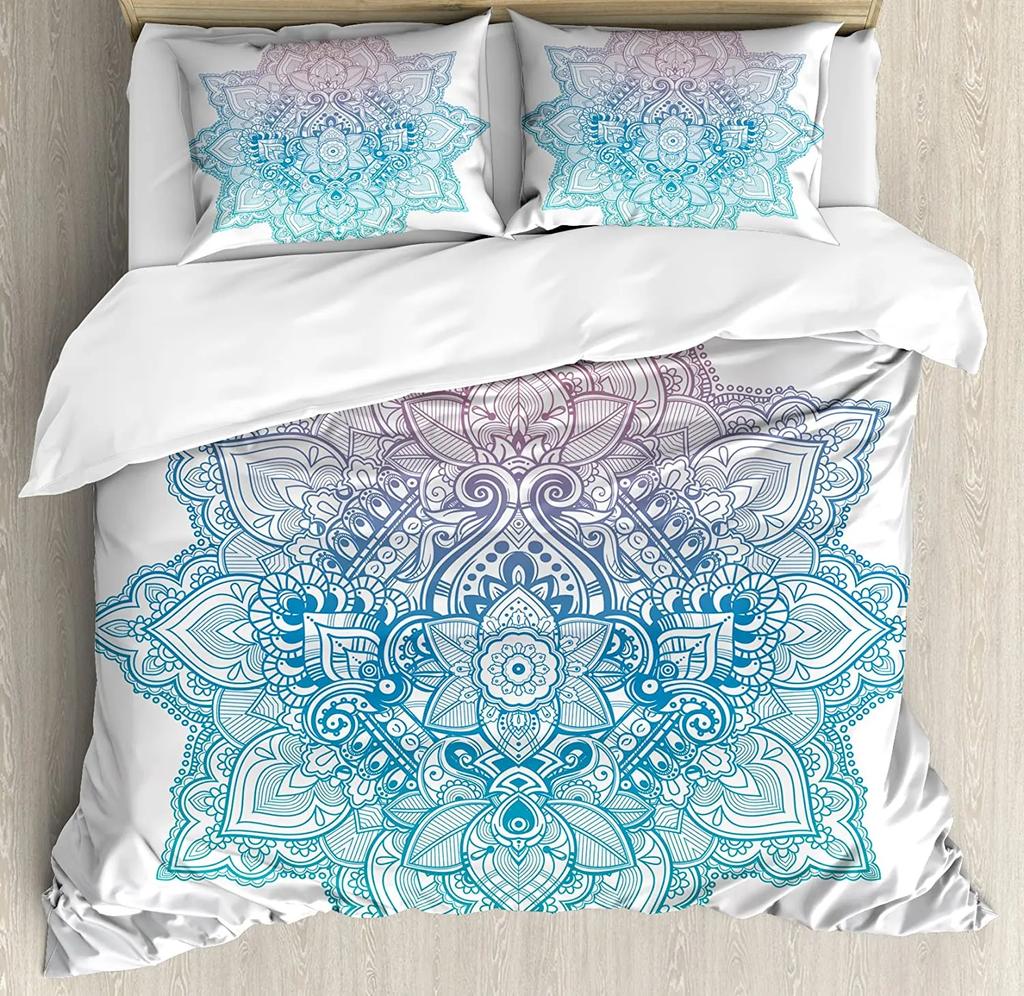 Henna Bedding Set Comforter Duvet Cover Pillow Shams South Asian Mandala Design with Vibrant Color Bedding Cover Double Bed Set