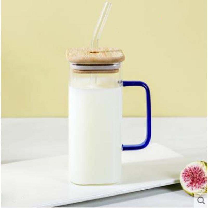 High Value Glass Straw Cup with Cover Square Color Handle Transparent Glass Milk Tea Flat Bottom Single Layer Cup