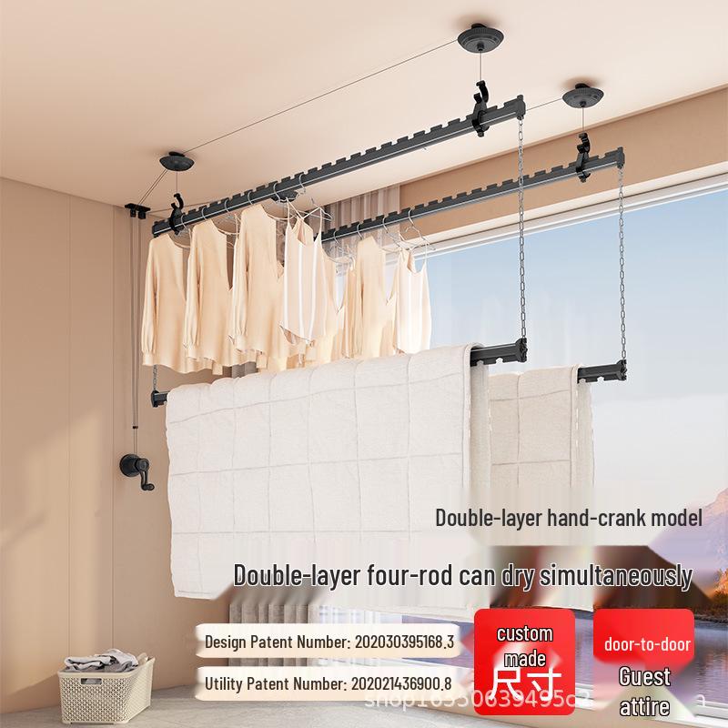Four-Rod Hand-Crank Clothes Drying Rack for Balcony - Double-Layer, Side-Mounted Design