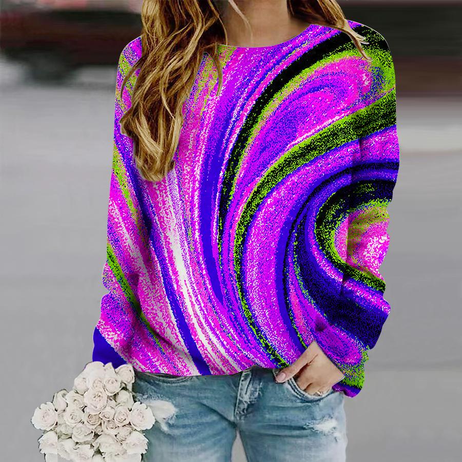 Tops For Women Oil Painting of Rivers Print Round Neck Long Sleeve T-shirt Fall Casual Slim Pullover Women's Long Sleeve Top