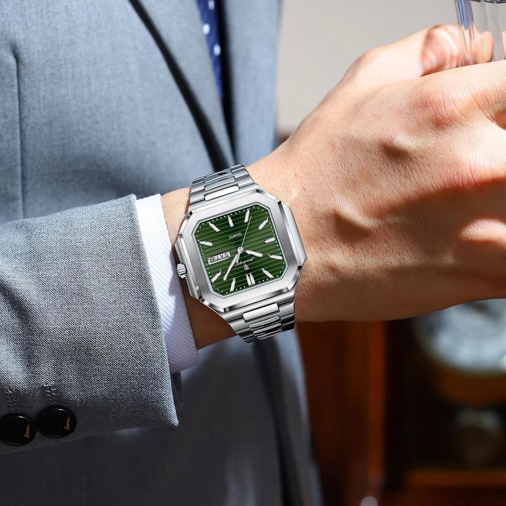 POEDAGAR Original Square Man Watch Waterproof Luminous Date Week Fashion Men Clock Stainless Steel Business Men's Quartz Watches