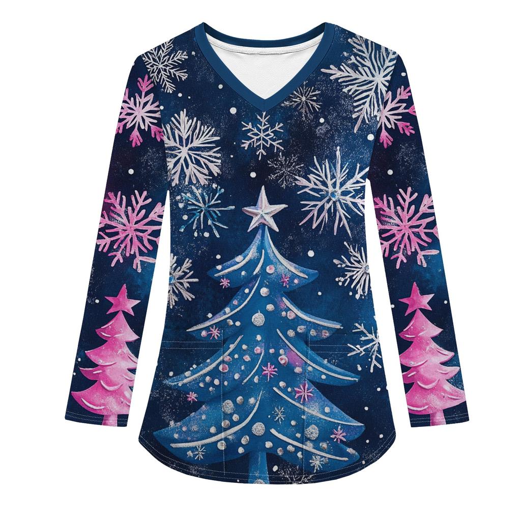 Женская модная рабочая одежда с V-образным вырезом, длинным рукавом и карманом, рождественский принт, футболка, топ