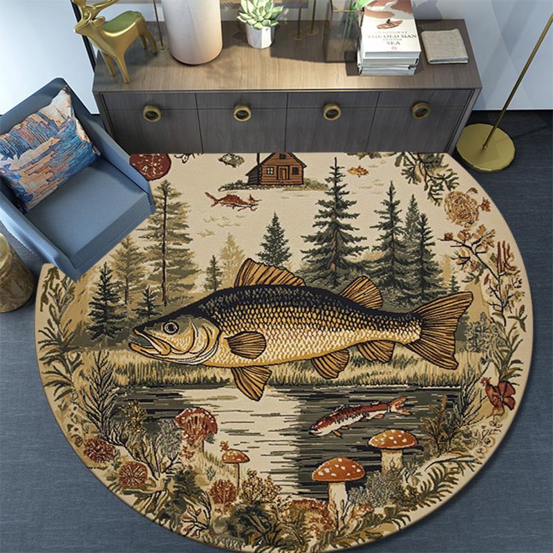 Fish Lake Round Area Rug,Carpet Rug for Living Room Bedroom Sofa Playroom Decor,Non-slip Floor Mat