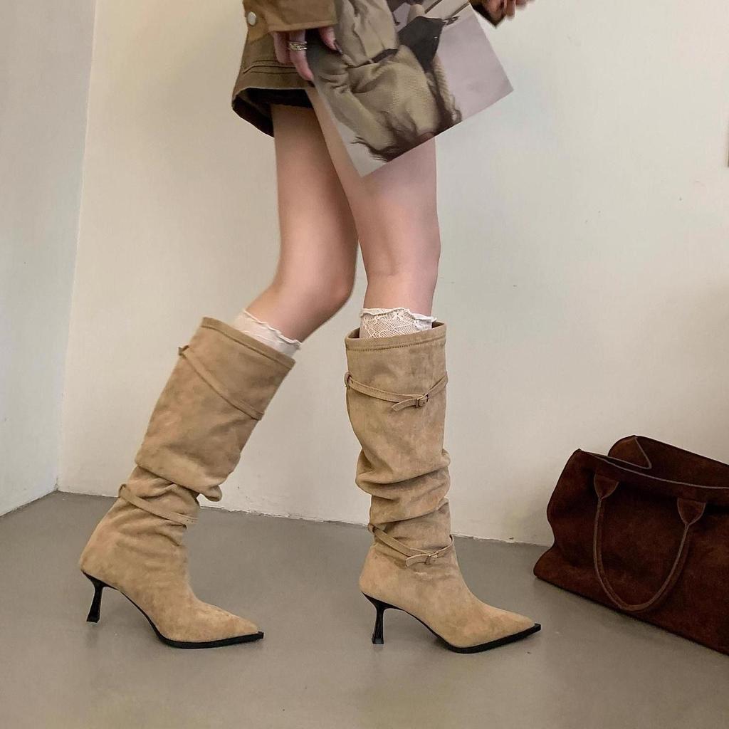 French Fashion Belt Buckle High-heeled Boots 2025 Autumn and Winter New Pleated Piled Boots Pointed Suede Boots Women
