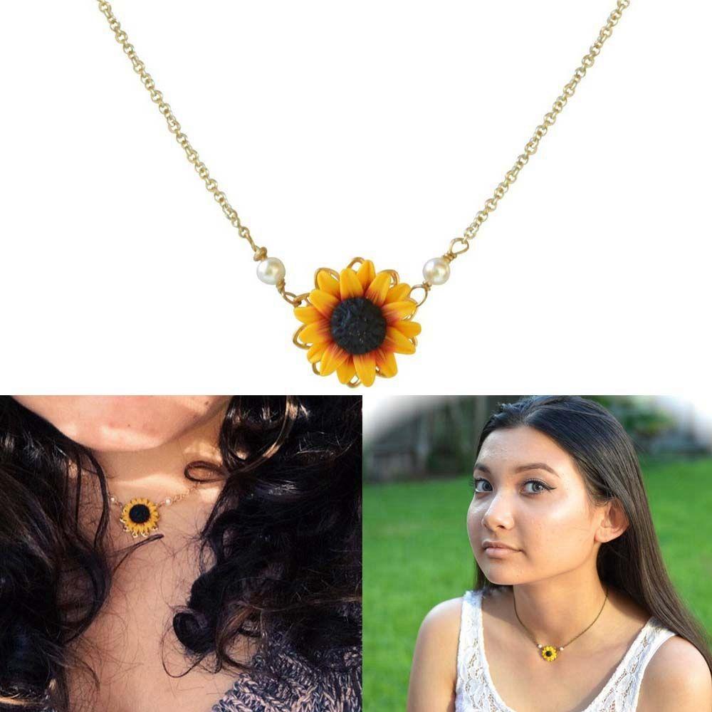 Charm Jewelry Princess Pearls Flower Pendant Chain Sunflower Necklace Gold Plated