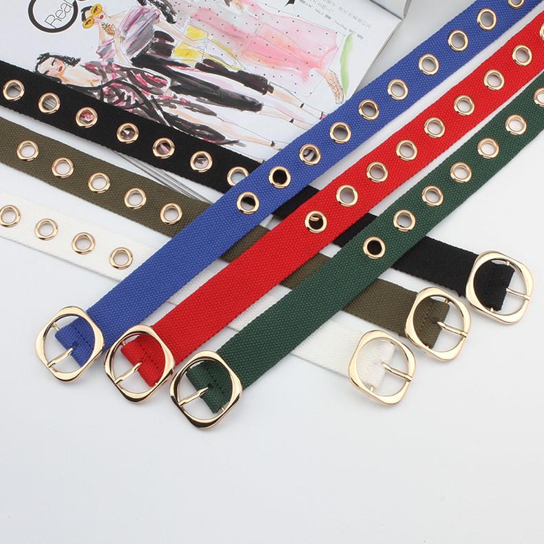 Цвет Однотонный Простой Пористый Дизайн Женский Повседневный Холщовый Ремень с Квадратной Пряжкой