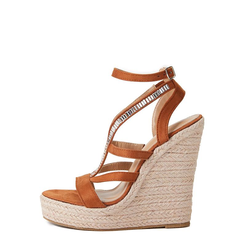 Summer Women 12 .5cm High Heels Wedges 3 .5cm Platform Rhinestone Sandals Weave Gladiator Sandles Brown Lady Fetish Shoes
