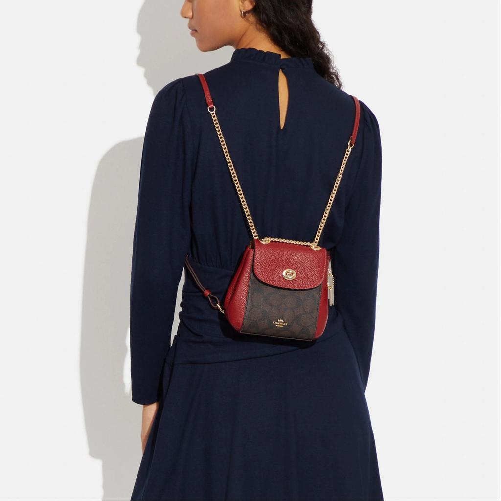 New COACH Convertible Coated Canvas With Pebbled Leather Backpack Small Size Women's Brown & Red C5678-IMRVQ