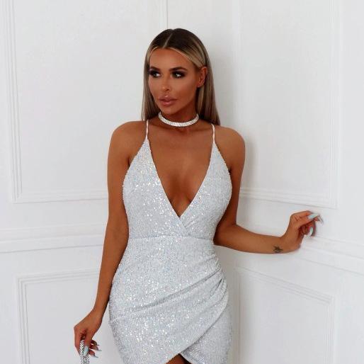 Новая европейская и американская женская одежда независимая станция белое пайетки сексуальное платье-комбинация с глубоким V-образным вырезом весна