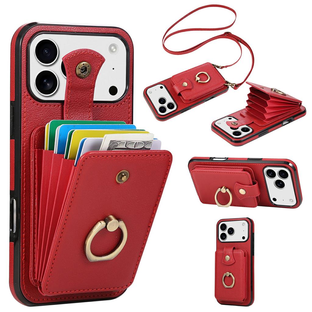 For iPhone 17 Pro Max Case Card Holder Ring Kickstand TPU+PU Leather Phone Cover with Long Strap