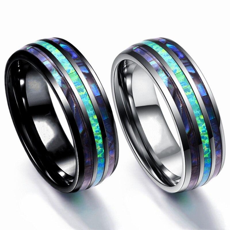 Luxury Men Women 8mm Stainless Steel Ring Inlay Abalone Shell Imitation Opal Wedding Band for Couples Jewelry Gifts