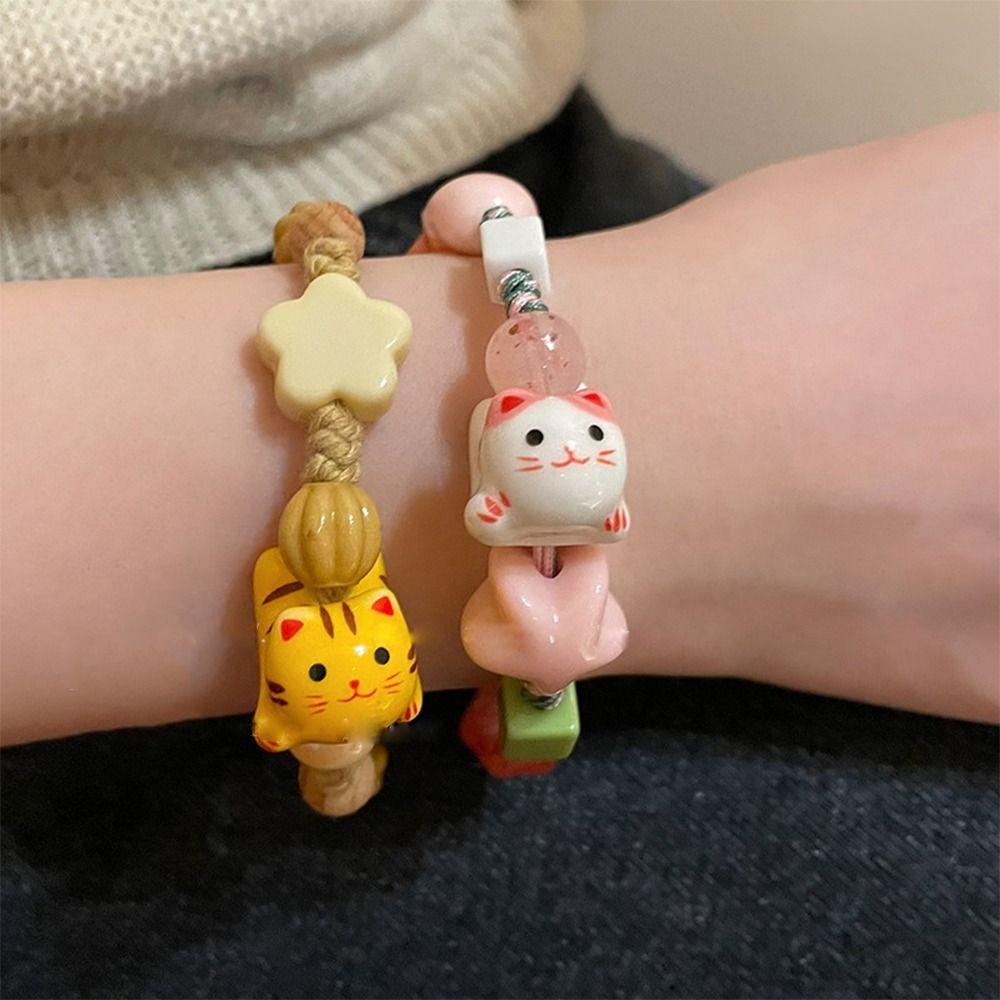 Handmade Maneki Neko Bracelet Korean Style Cat Bead Bracelet Ceramic Cat Bracelet Women
