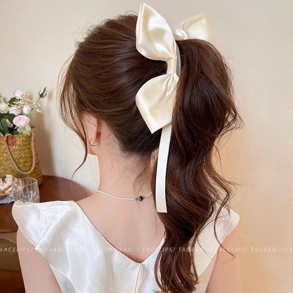 Satin Bowknot Solid Color Hair Clip Wide Side Ponytail Clip Versatile Banana Clip Daily Use