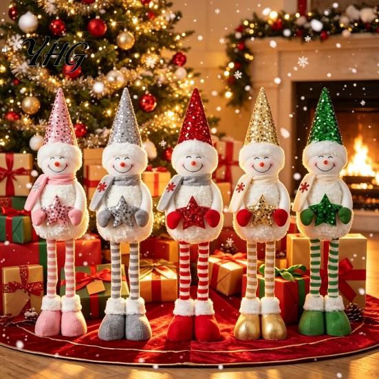Stuffed Snowman Tabletop Decor Christmas Plush with Extendable Legs, Sequins Hat Holding Star Legs Doll, Standing Long Xmas Decoration Decorations