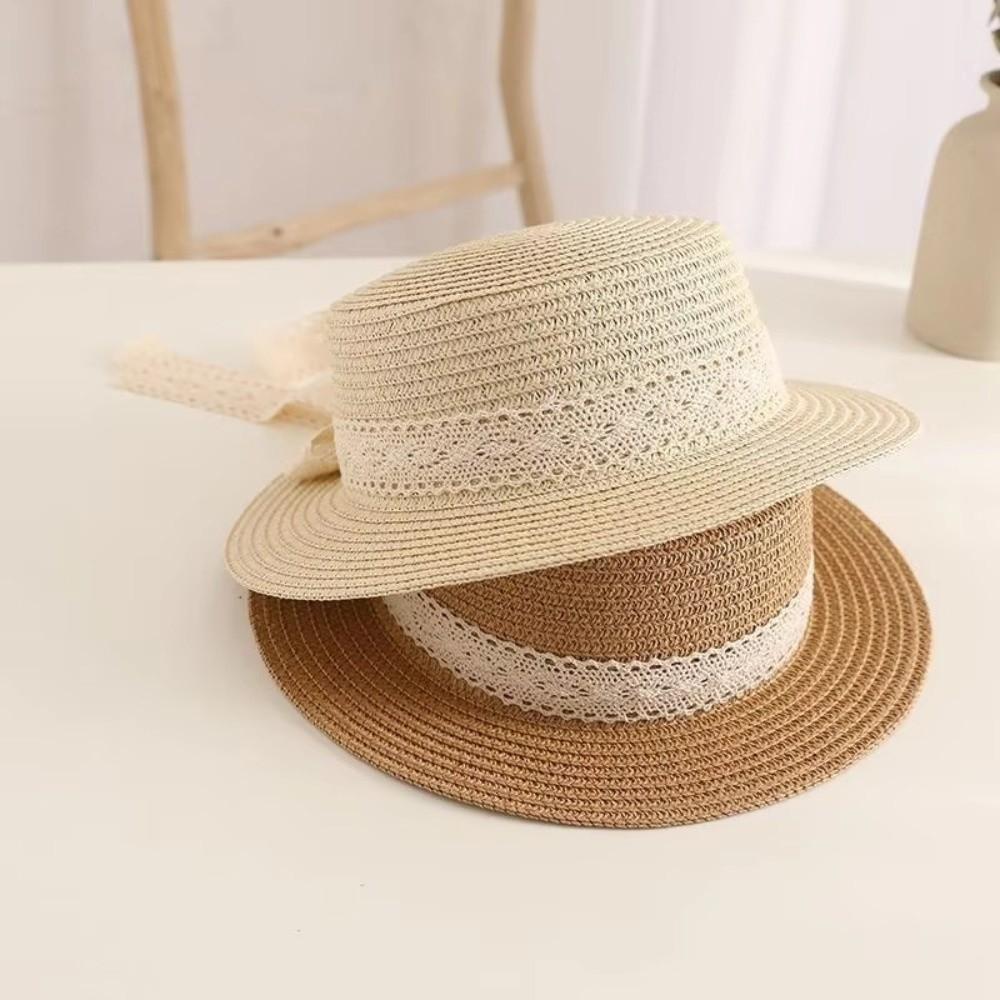Breathable Kids Straw Hat Lace Bow Sun Visor Cap Simple Children Panama Caps for Girls