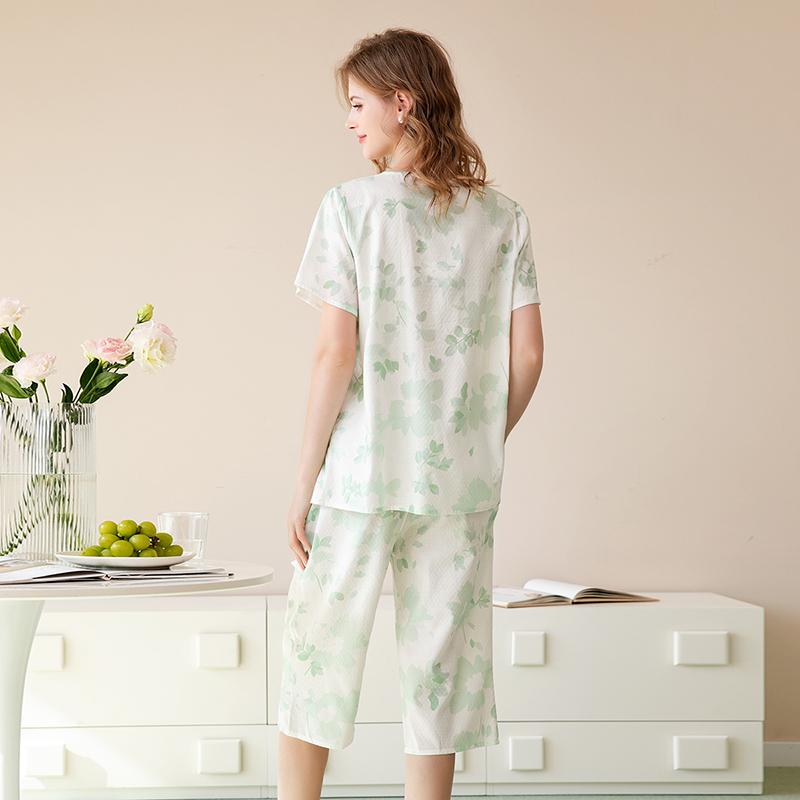 Fenteng [Floral Cotton Sensation] Summer V-neck Short Sleeve Hoodie Pants Home Clothes Pajamas Women's Set