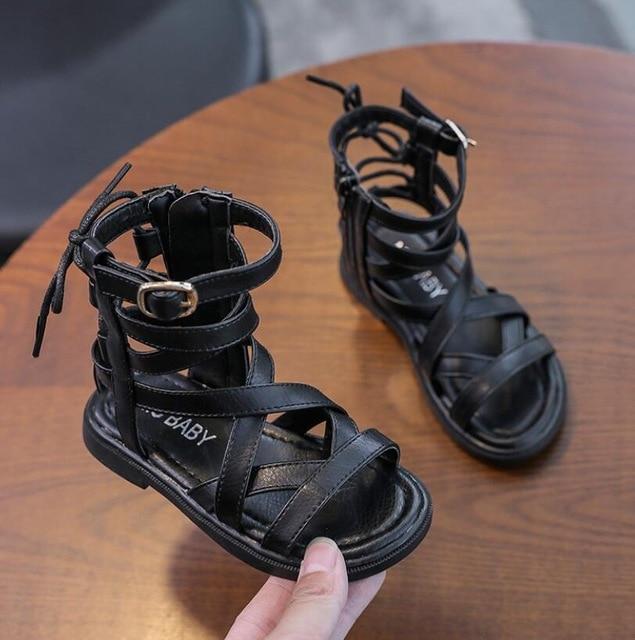 Сандалии для девочек на плоском каблуке, мягкая обувь для маленьких девочек, детская обувь в стиле гладиатора, высокие римские туфли до щиколотки с открытым носком