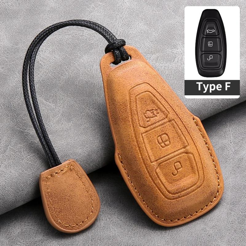 Leather Car Remote Key Case Cover for Ford Focus 3 4 ST Mondeo MK3 MK4 Fiesta Fusion Kuga Ecosport Protect Key Fob Keychain