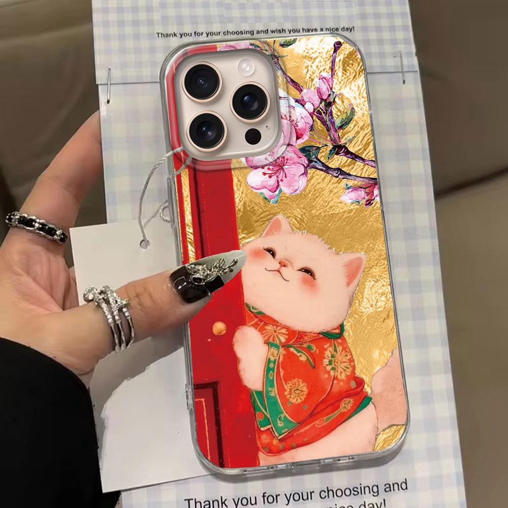 Retro Lucky Cute Cat Flower Girls Phone Case for Iphone 16 15 14 7 8 Plus 13 11 12 Pro Max X XS XR SE 2022 2020 16e Back Cover