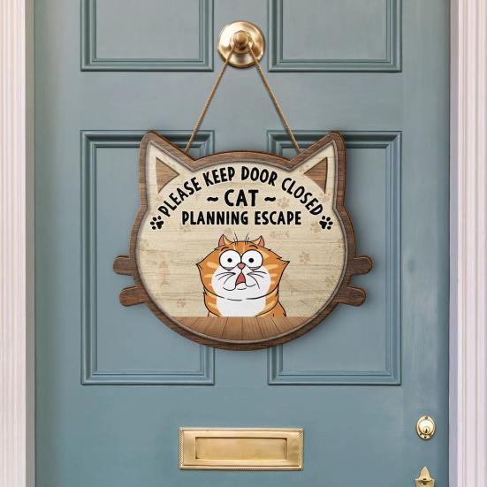 Знак "Кот планирует побег Пожалуйста, держите дверь закрытой" Деревянный знак Подвеска на дверь Приветственный знак Подарок на новоселье для любителей кошек