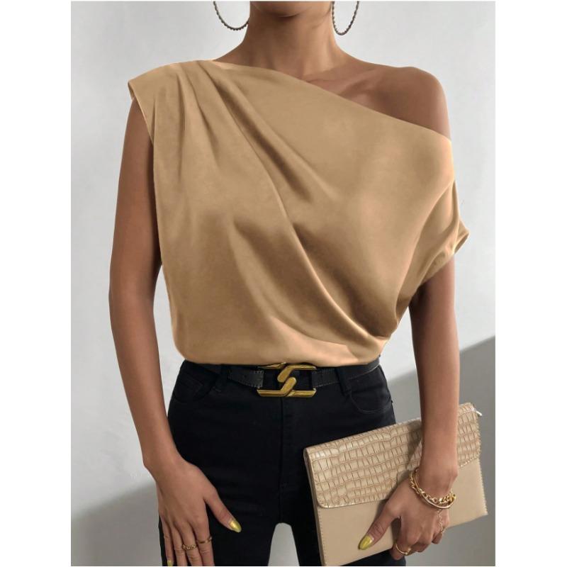 Весенняя однотонная атласная рубашка без рукавов с неровным косым плечом для женщин